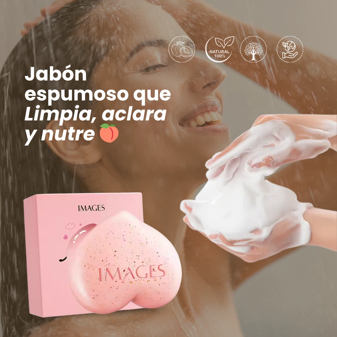 jabón espumoso que limpia aclara y nutre, foto del jabón piel de melocotón con su caja unas manos con mucha espuma simulando lo espumoso del jabón y una mujer duchandose en el fondo con expresión de complacida y feliz