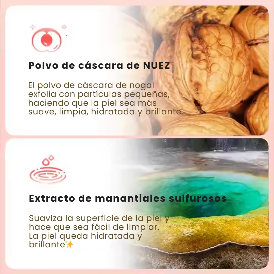 jabón piel de melocotón, natural, hecho a mano, con polvo de cascara de nuez y extractos de manantiales sulfurosos