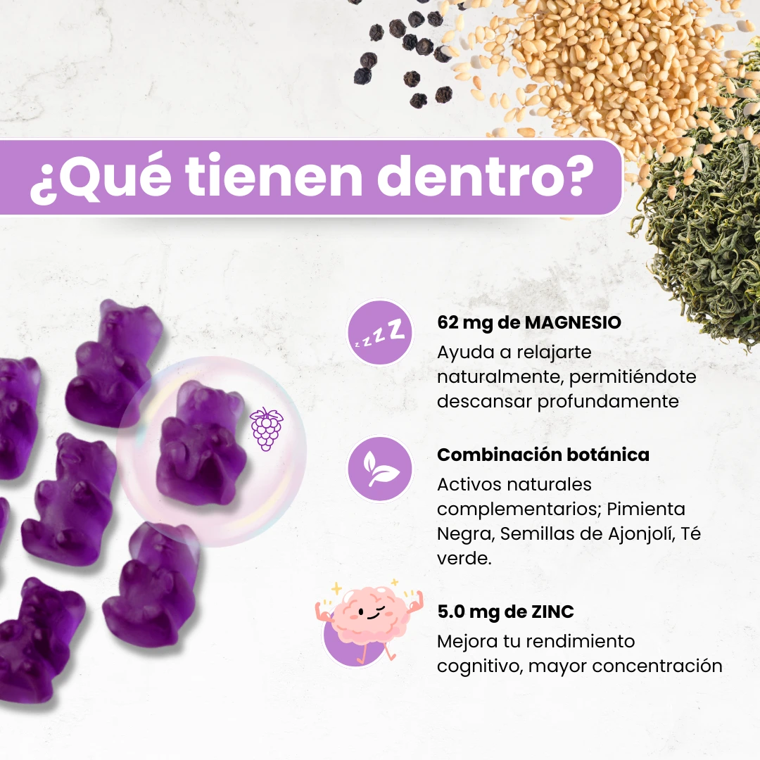 Imagen que muestra qué tienen dentro estas gomitas masticables con citrato de magnesio