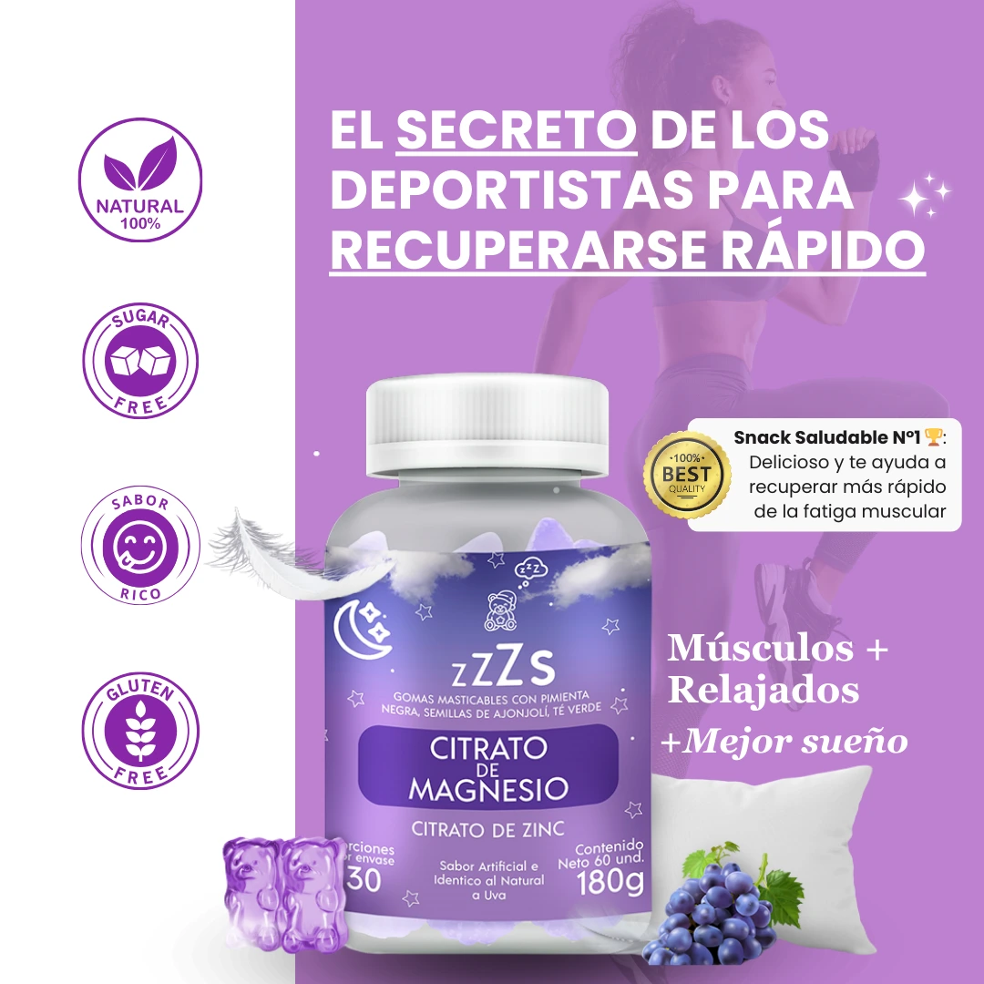 El secreto mejor guardado de los deportistas para recuperarse rápido, imagen que muestra un envase que contiene las gomitas masticables con citrato de magnesio y sus principales beneficios al consumir