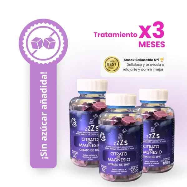 Imagen que muestra 3 envases que contiene las gomitas masticables con citrato de magnesio. Hace énfasis en que no tiene azúcares añadidos y en que es el snack saludable número 1, deliciosos y que te ayuda a relajarte y dormir mejor. Tratamiento por 3 meses