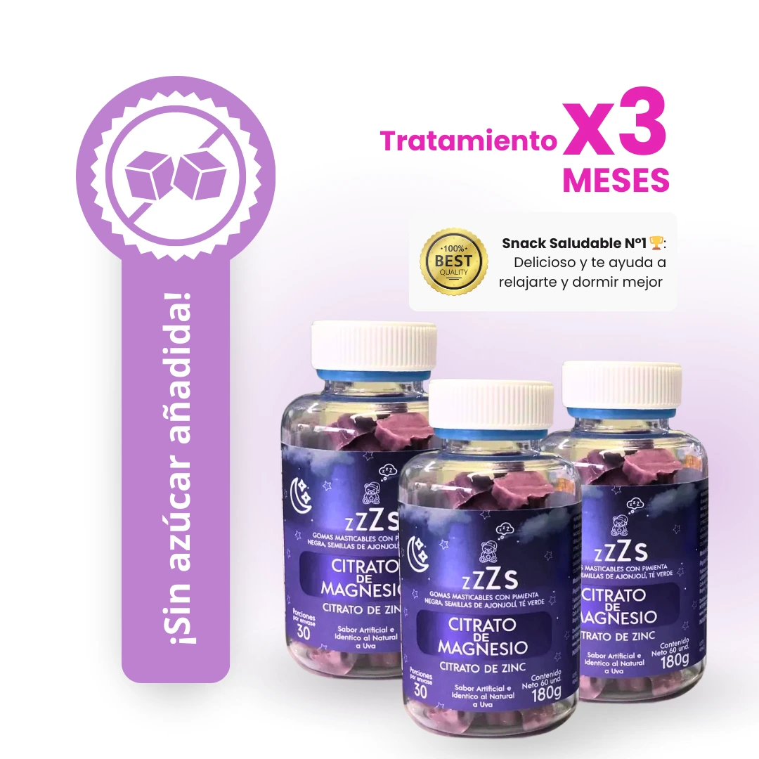 Imagen que muestra 3 envases que contiene las gomitas masticables con citrato de magnesio. Hace énfasis en que no tiene azúcares añadidos y en que es el snack saludable número 1, deliciosos y que te ayuda a relajarte y dormir mejor. Tratamiento por 3 meses