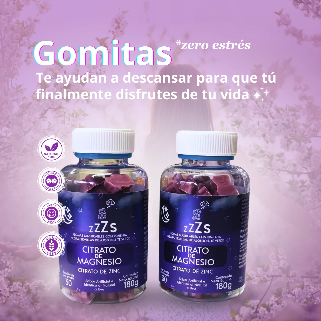 cansado de estar cansado?, imagen que muestra 2 envases que contienen las gomitas masticables con citrato de magnesio y detalla uno de los principales beneficios al consumir que es Zero estrés, te ayudan a descansar para que tú finalmente disfrutes de tu vida