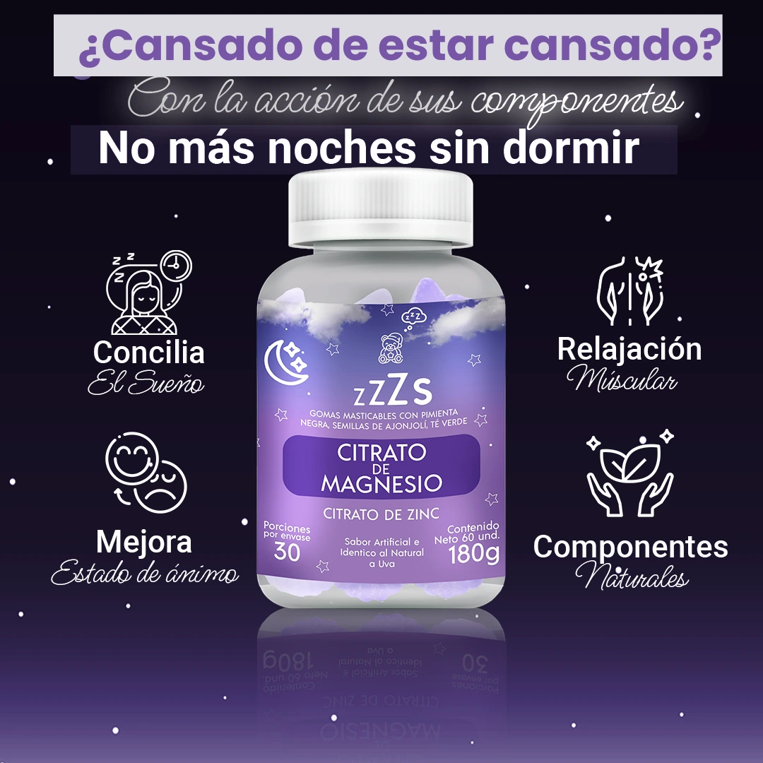 cansado de estar cansado?, imagen que muestra un envase que contiene las gomitas masticables con citrato de magnesio y sus principales beneficios al consumir